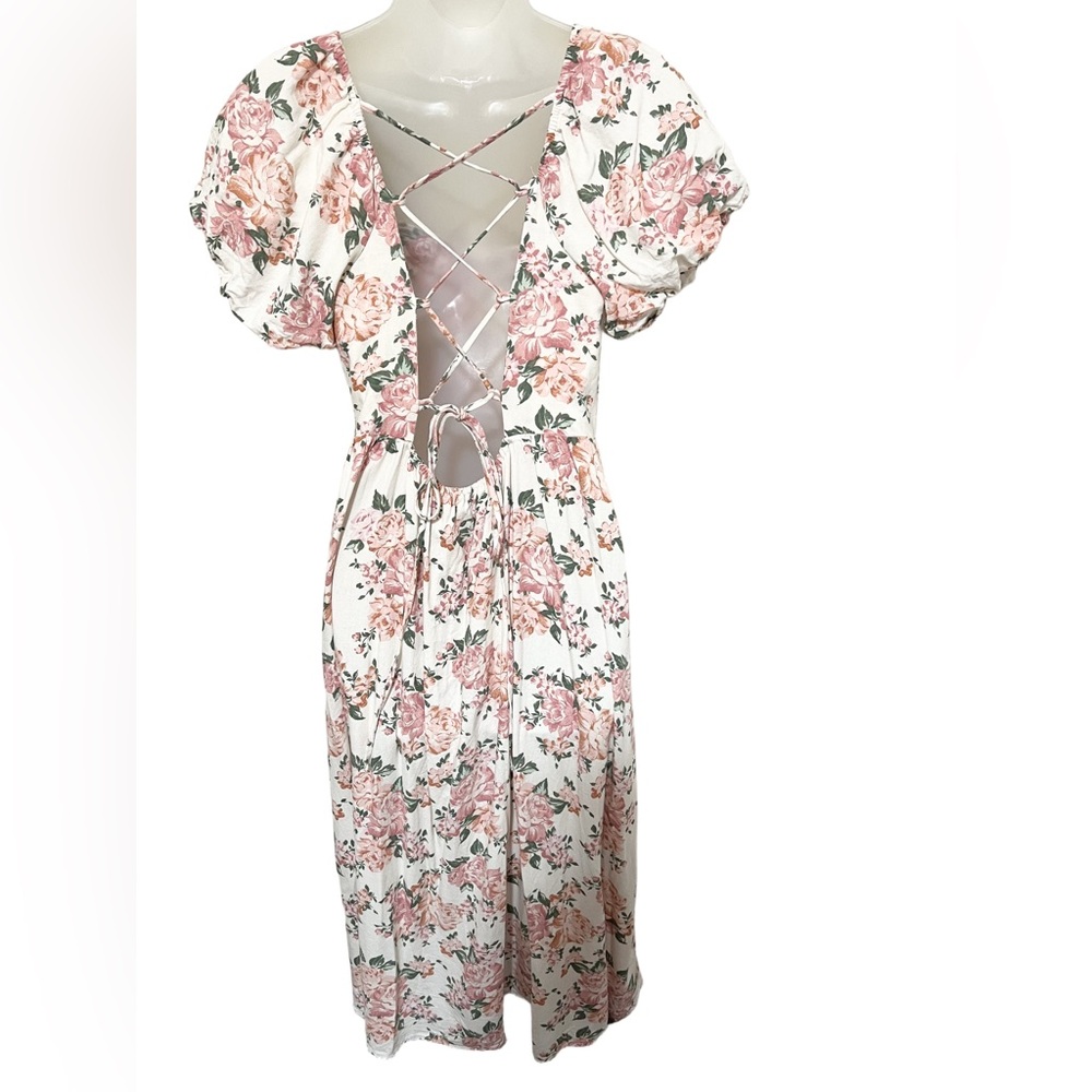 Altar’d State L Linen Blend Corset Lace Up Back Puff Sleeve Midi Dress Floral